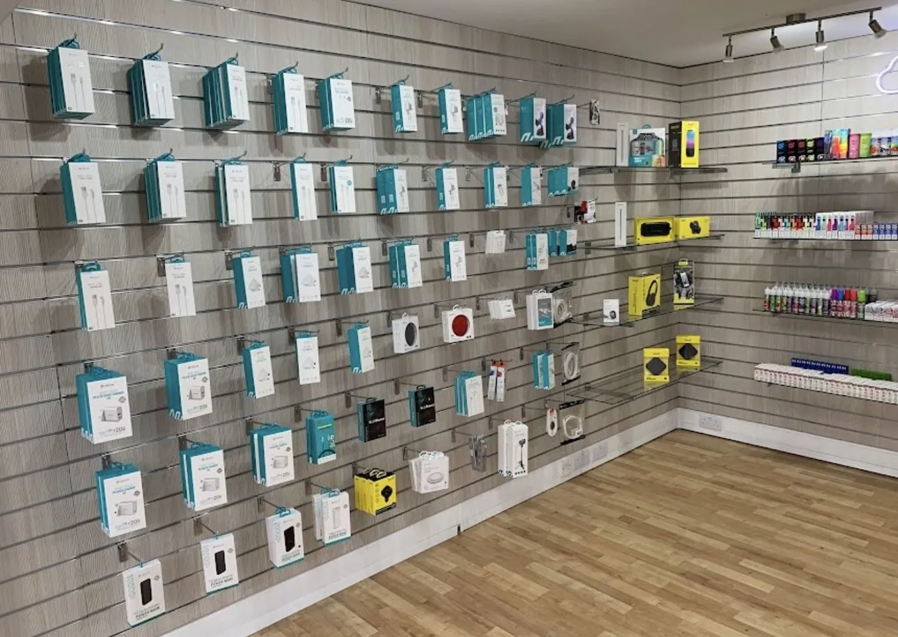 Inside the TechVise shop — accessories and repair counter